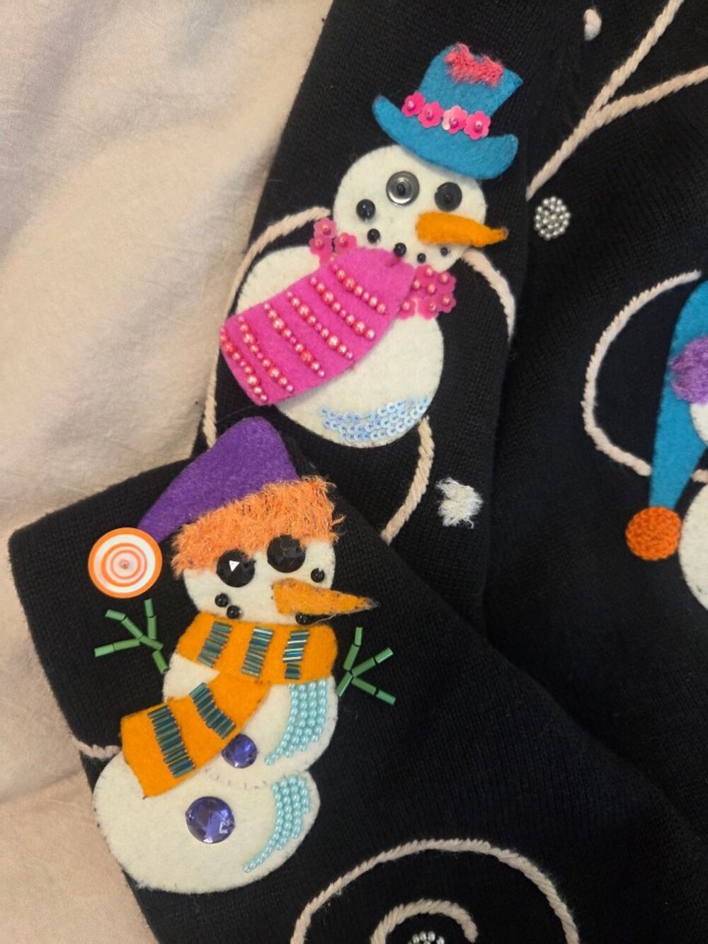 VTG Michael Simon Womens XL Black Embellished Snowman Cardigan Sweater Holiday - Picture 8 of 8